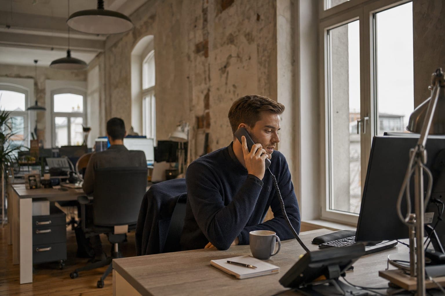 Recruiter im Büro am Telefon, daneben Notizblock und Tischapparat